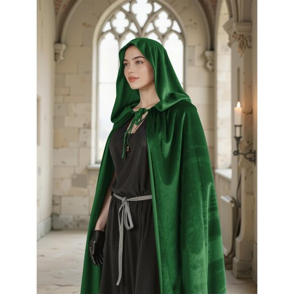 Women's Green Witch Imported Velvet Cloak Halloween Hooded Cape Medieval Costume - Picture 3 of 7